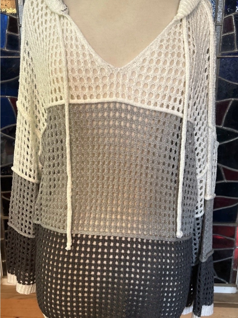 POL Open Weave Hooded Top Oversized Gray Colorblock S-M-L-XL Beach Hoodie